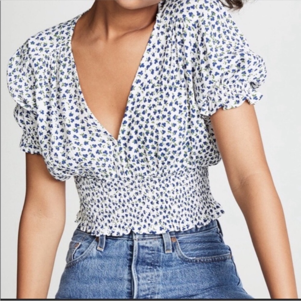 Faithfull the Brand First Light Rae Floral Print Blue White Crop Blouse Size 8